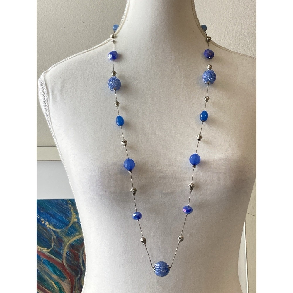 Blue Beaded Long Station Necklace Silver Tone Spacers Faceted Long Statement